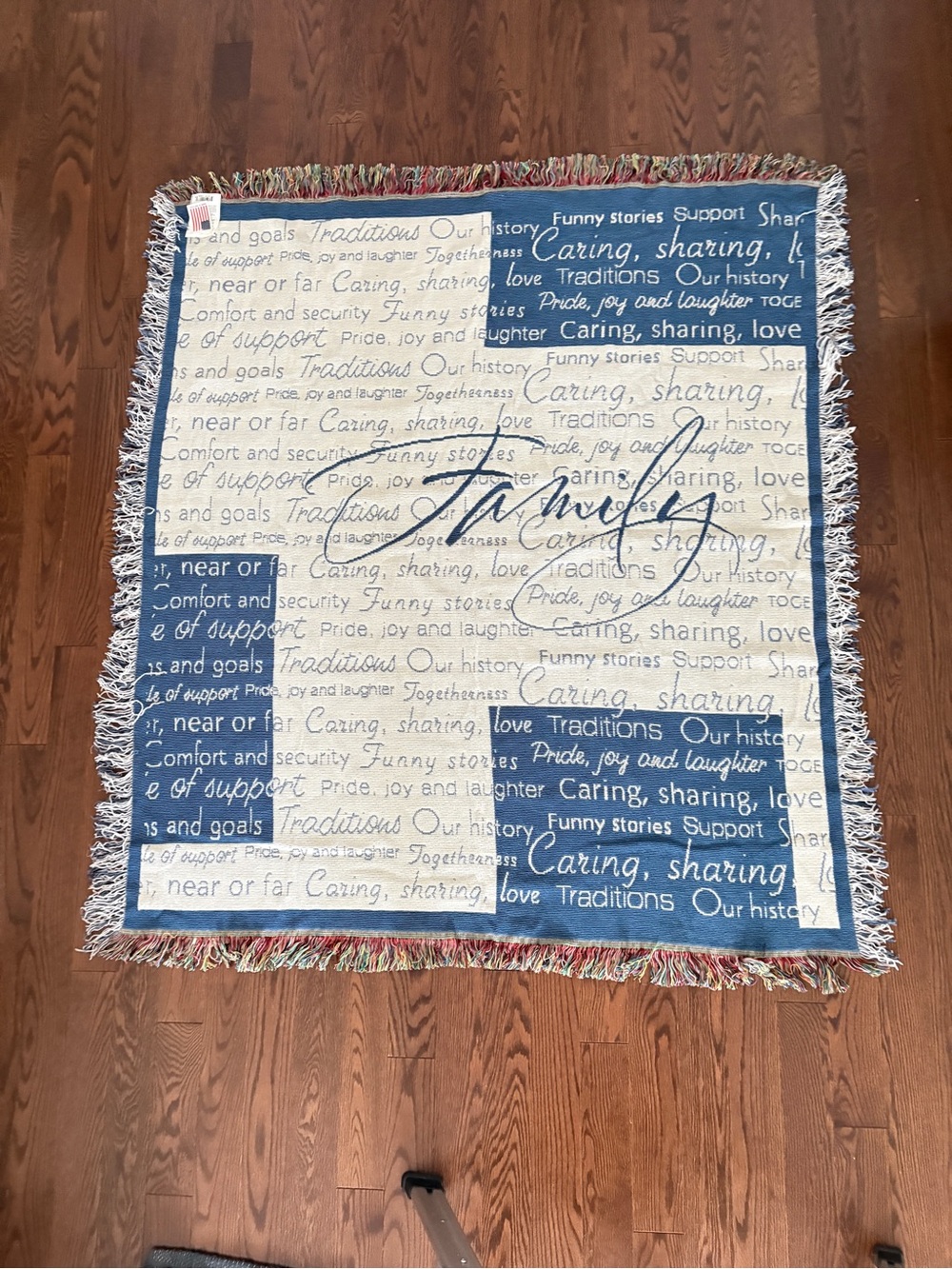 Blue and Off White Celebrate Life Family Tapestry Throw Blanket with Tags